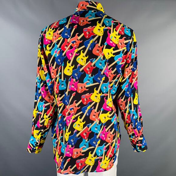 BILLIONAIRE COUTURE Size XL Black Multi Color Guitars Silk Long Sleeve Shirt - Picture 4 of 5
